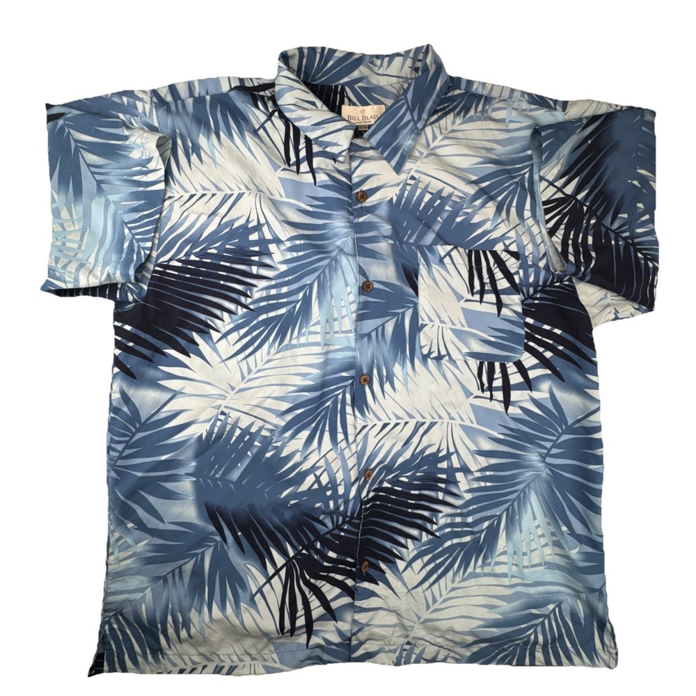 Tropical Palm Leaf Hawaiian Shirt Bill Blass Blue Short Sleeve Button Down XL